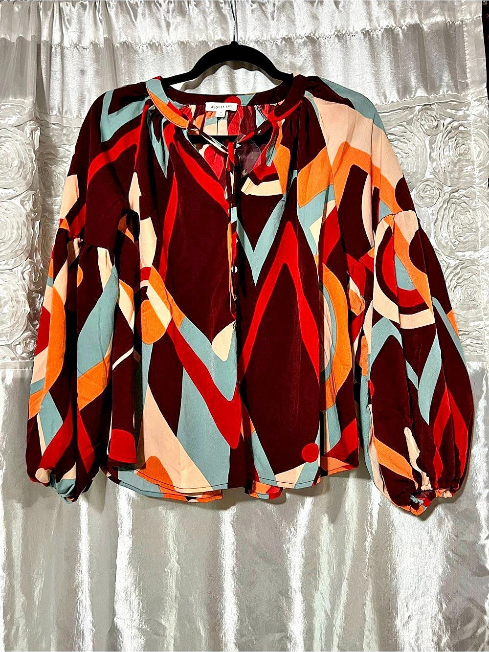 August Sky Abstract Print Blouse in Red & Brown Size Small